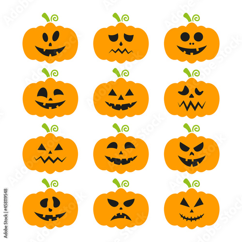 Set Halloween pumpkin with different face emotions. Cute pumpkins collection for autumn holiday. Vector isolated on white