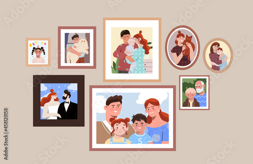 Set of family photo portraits in frames of different shapes on plain pastel wall. Concept of memorable pictures of parents and children at important moments in life. Flat cartoon vector illustration