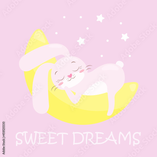 A cute baby image with a small bunny, a cartoon animal, a cartoon bunny that sleeps or dozes on the moon, surrounded by stars. Pink background for children's clothing, t-shirts, pajamas, bed linen