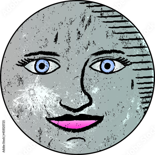 Beautiful vintage style moon with expressive face decorated with moon surface texture resembling an old nautical map drawing or sketch