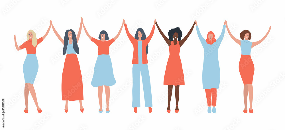 Women are holding hands. International Women's Day concept. Women's community. Female solidarity. Women silhouettes of different races. Vector illustration Women are holding hands. International Women's Day concept. Women's community. Female solidarity. Women silhouettes of different races. Vector illustration