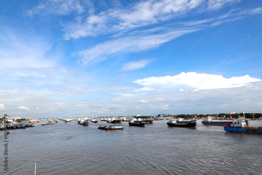 Sky and river  Chittagong in Bangladesh. Karnafuli river is covered in the blue sky.