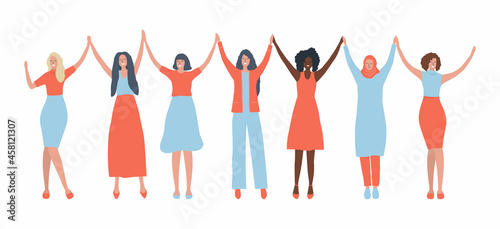 Women are holding hands. International Women's Day concept. Women's community. Female solidarity. Women silhouettes of different races. Vector illustration