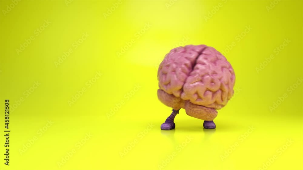 Dancing brain on a colorful yellow background. Artificial intelligence concept. 3d animation of a seamless loop
