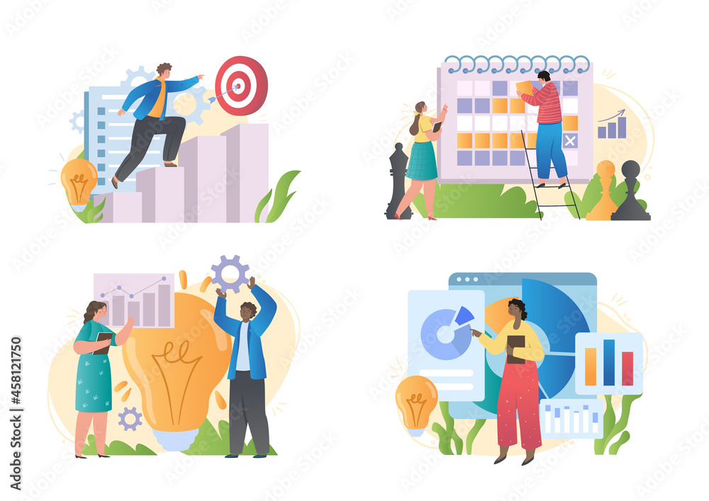 Set with male and female characters working on strategic business planning on white background. Concept of business mission, goals and philosophy, brand success. Flat cartoon vector illustration