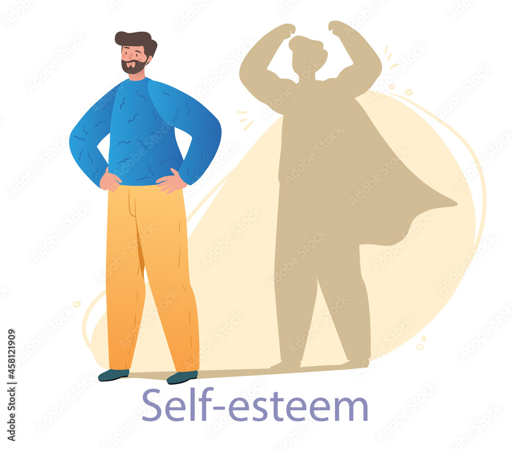 Bearded male character is standing with confident version of himself as a shadow behind on white background. Concept of self love, body positive, confidence boost. Flat cartoon vector illustration