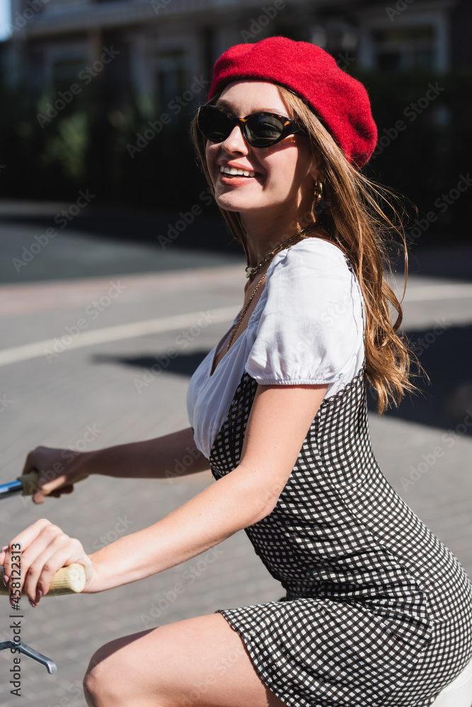 happy young woman red beret and sunglasses bicycle happy young woman red beret and sunglasses bicycle