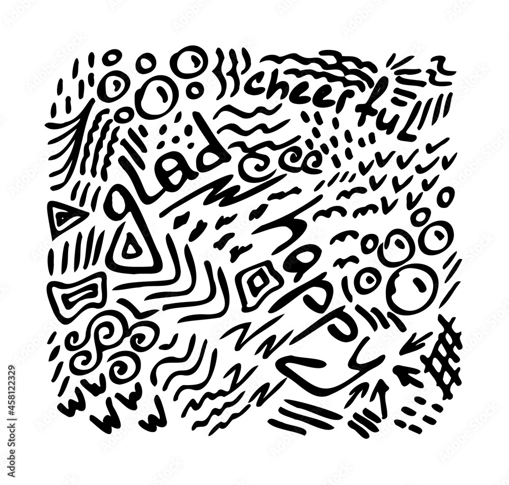 Doodle drawing with symbols and words happy, cheerful, glad. Black doodles on a white background. sketch of a square shape. Vector illustration. Doodle drawing with symbols and words happy, cheerful, glad. Black doodles on a white background. sketch of a square shape. Vector illustration.