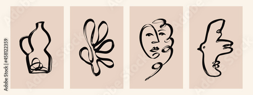 Set of four Different abstract Backgrounds or Patterns. Hand drawn doodle face, curves, jug, bird. Brush stroke style. Contemporary art. Modern trendy Vector illustrations. Poster, card templates