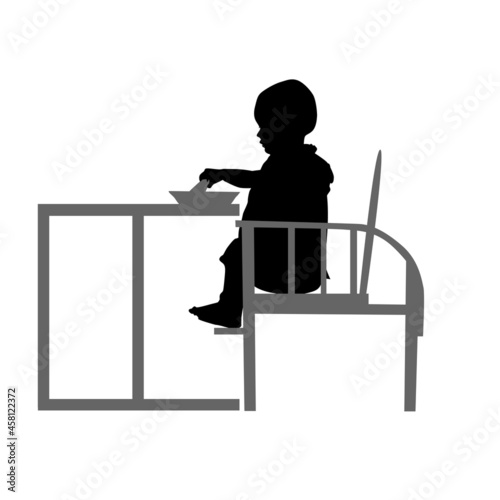 toddler sitting on chair and eating from plate with spoon, side view, vector silhouette isolated on white background, icon, realistic outline
