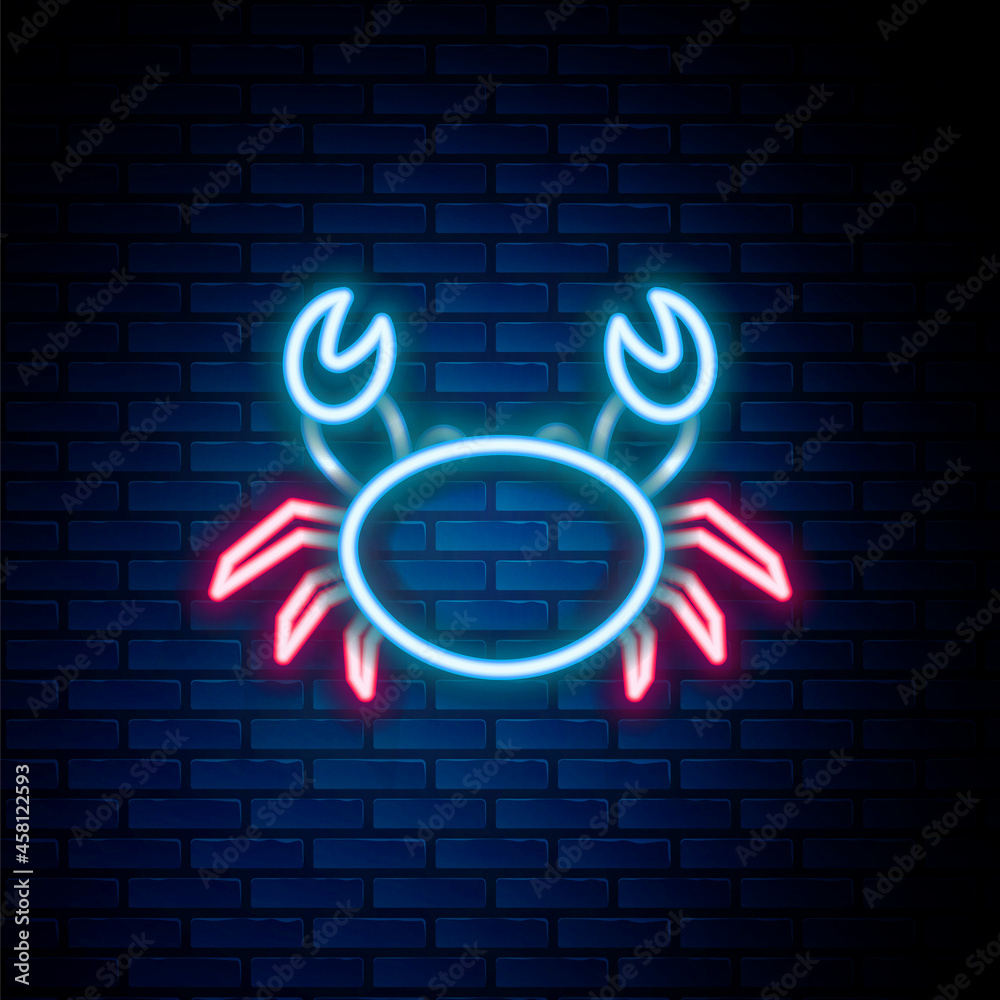 Glowing neon line Crab icon isolated on brick wall background. Colorful outline concept. Vector Glowing neon line Crab icon isolated on brick wall background. Colorful outline concept. Vector