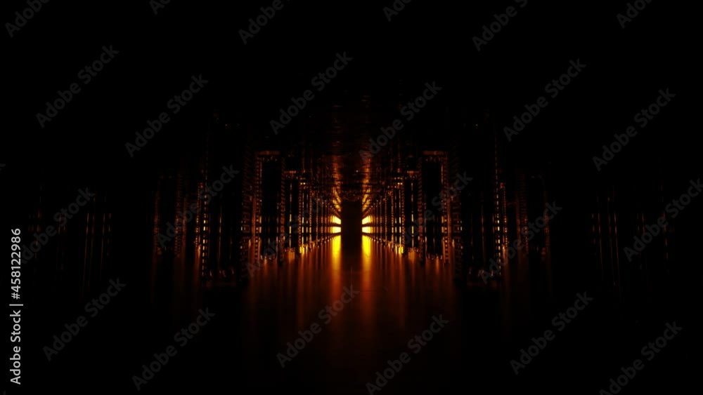 A long futuristic corridor with a technological interior. Neon light moving rapidly from the end of the tunnel. Sci fi room. Seamless loop 3d animation