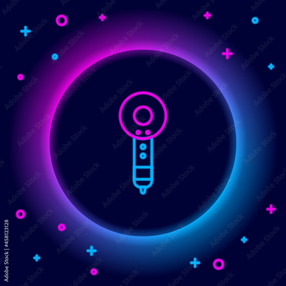 Glowing neon line Hair dryer icon isolated on black background. Hairdryer sign. Hair drying symbol. Blowing hot air. Colorful outline concept. Vector Glowing neon line Hair dryer icon isolated on black background. Hairdryer sign. Hair drying symbol. Blowing hot air. Colorful outline concept. Vector