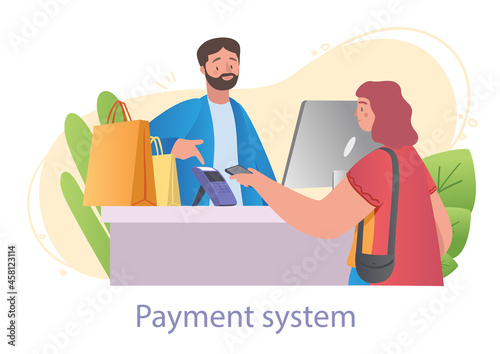 Young female character is bringing her smartphone to the terminal for cashless payment on white background. Digital payment app for smartphones and other gadgets. Flat cartoon vector illustration