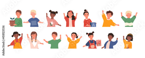 Set with little happy smiling kids on white background. School girls and boys group, cute laughing children. Beautiful children raising hands up together. Flat cartoon vector illustration