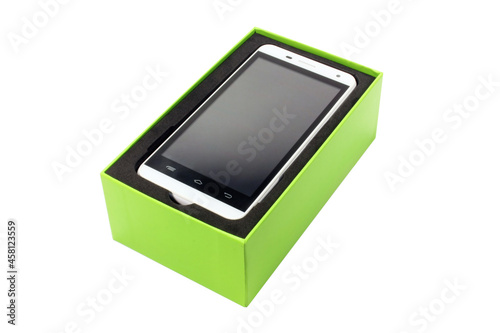 New white mobile phone in a box. Phone without manufacturer's brand