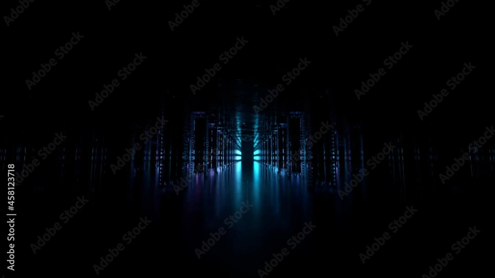A long futuristic corridor with a technological interior. Neon light moving rapidly from the end of the tunnel. Sci fi room. Seamless loop 3d animation