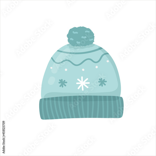 Winter hat , hand-drawn illustration in flat hand drawing style. blue hat on white background