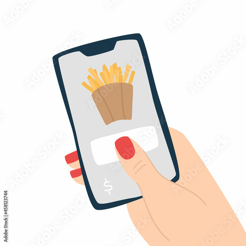 Food selection in the smartphone app. delivery order of fried fries. Isolated vector illustrations in flat style. Online food ordering. Purchase fried fries in the mobile phone app.