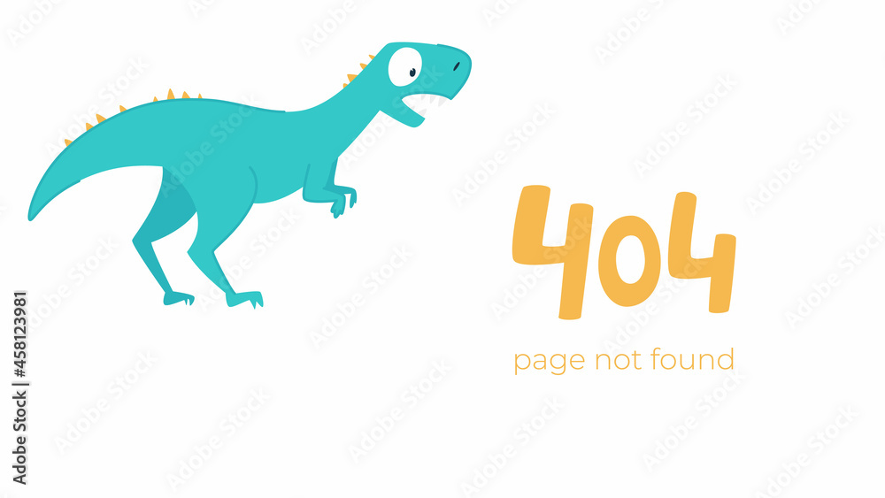 Fototapeta premium Illustration of internet connection problem concept. 404 error page not found isolated in white background. The funny blue dinosaur.