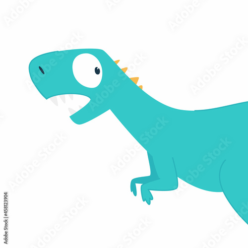 Funny cartoon cute blue dinosaur. The frightened dinosaur looks back. Funny blue dragon mascot. Isolated over white background.