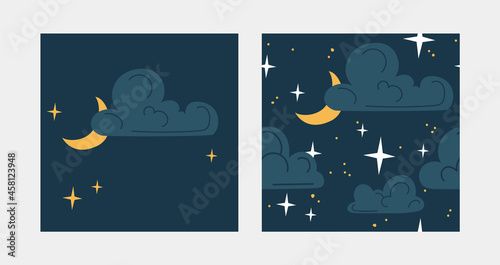Seamless patterns. And a separate illustration. Clear weather concept. Clouds with a month and stars on a dark background.