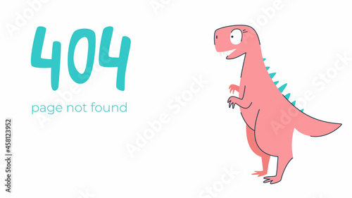 Illustration of internet connection problem concept. 404 error page not found isolated in white background. The funny pink dinosaur.