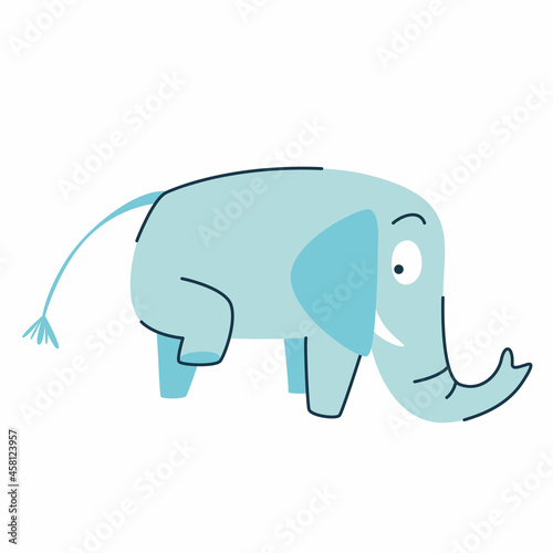 Funny cartoon cute blue elephant. The cute elephant raised his leg. Side view. A funny animal. Isolated over white background.