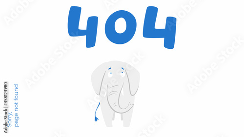 Illustration of internet connection problem concept. 404 error page not found isolated in white background. The funny grey elephant.