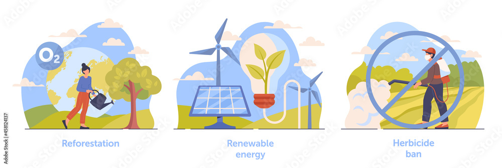 Set of scenes necessary for climate change deceleration on white background. Reforestation, renewable energy and herbicide ban. Concept of climate change mitigation. Flat cartoon vector illustration Set of scenes necessary for climate change deceleration on white background. Reforestation, renewable energy and herbicide ban. Concept of climate change mitigation. Flat cartoon vector illustration