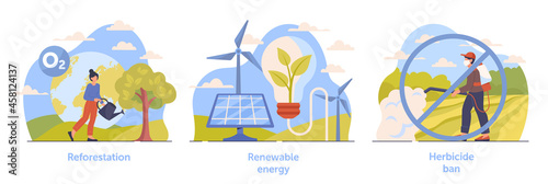 Set of scenes necessary for climate change deceleration on white background. Reforestation, renewable energy and herbicide ban. Concept of climate change mitigation. Flat cartoon vector illustration
