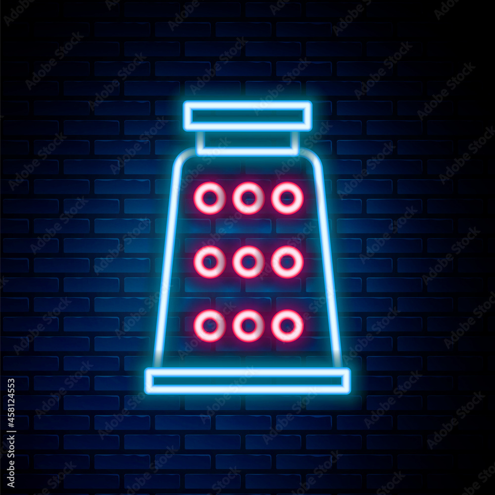 Glowing neon line Grater icon isolated on brick wall background. Kitchen symbol. Cooking utensil. Cutlery sign. Colorful outline concept. Vector