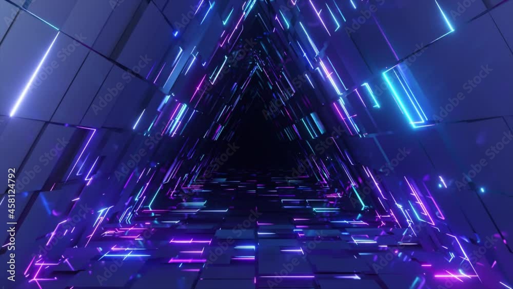 Abstract neon triangle tunnel technological. Endless animated background. Modern neon light. Bright neon lines. Seamless loop 3d render