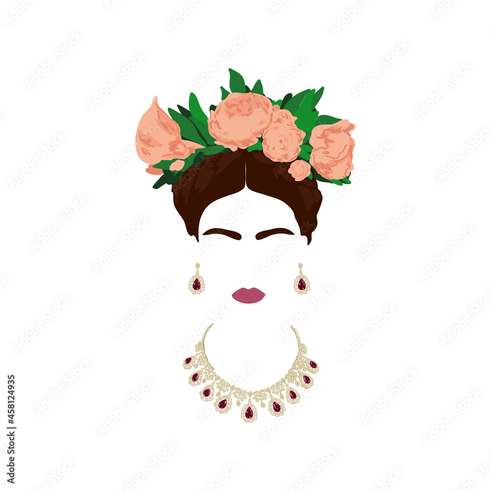 Frida Kahlo Portrait, Mexican Woman with a Traditional Hairstyle. Mexican  Crafts Jewelry and Red Flowers. Vector Editorial Photo - Illustration of  ancient, decorative: 124289756