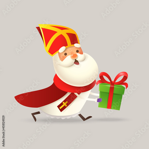 Cute Saint Nicholas or Sinterklaas running with gift - 3D vector illustration