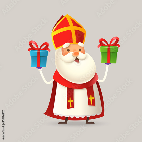 Cute Saint Nicholas or Sinterklaas with two gifts - 3D vector illustration