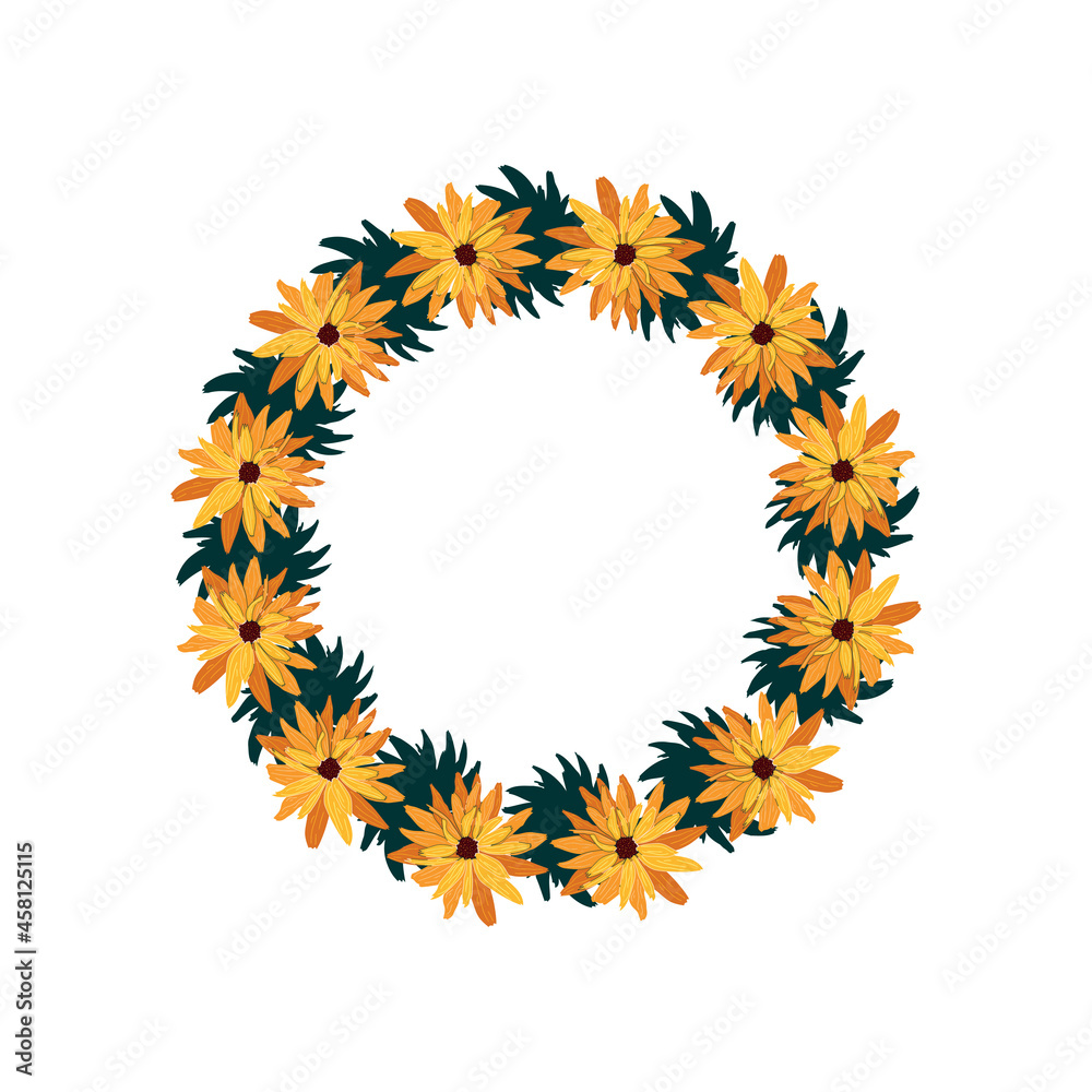 Obraz premium Wreath of bright Rudbeckia flowers. Vector illustration.