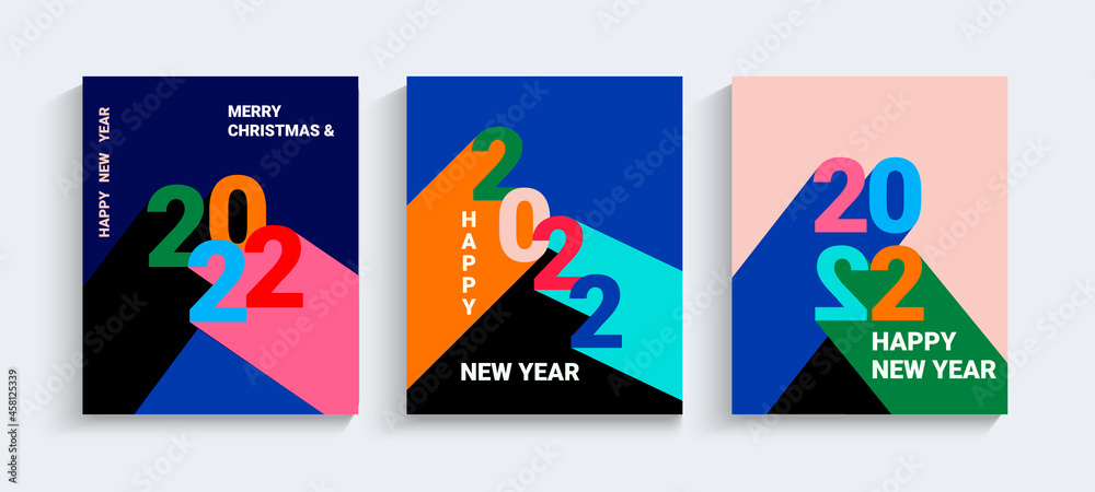 2022 New year greeting banner.Numbers with long different colors shadows. Set of flyers, posters, cards in simple geometric style. Design templates for branding, cover, card, social media. Vector.