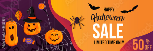 Halloween Sale horizontal banner with with monster pumpkins inviting to shopping with big discounts. Template for web,poster,flyers, ad,promotions,blogs,social media,marketing.Vector illustration.