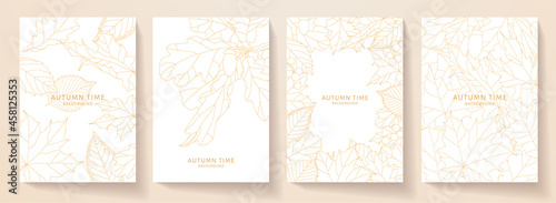 Autumn cover, frame design set. Decorative vector template with leaf fall (orange leaves of maple, oak) on white background. Floral line pattern for invitation card, poster a4, notebook page
