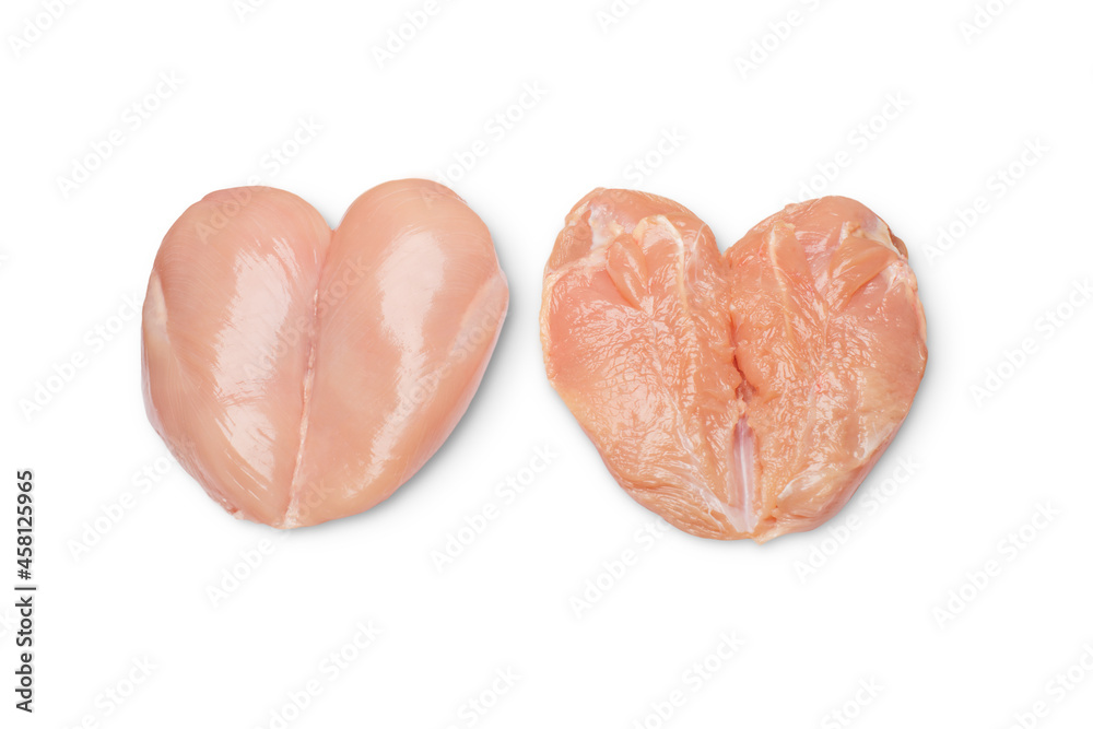 Raw chicken meat fillet on a white background.Chicken fillet butterfly.Chicken fillet cut in the form of a butterfly. Raw chicken meat fillet on a white background.Chicken fillet butterfly.Chicken fillet cut in the form of a butterfly.