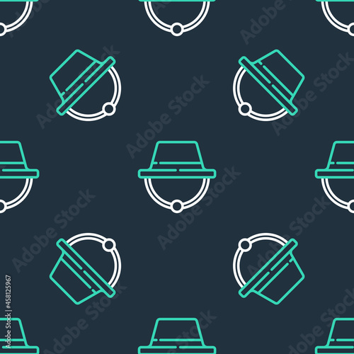 Line Camping hat icon isolated seamless pattern on black background. Beach hat panama. Explorer travelers hat for hunting, hiking, tourism. Vector