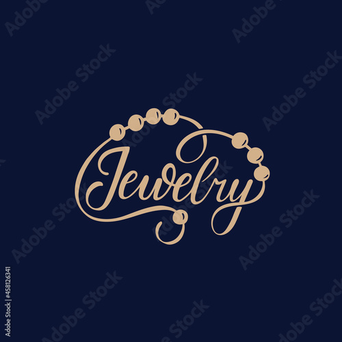 Jewelry logo calligraphy design with lettering and beads around on the dark background. Vector illustration for logo, business card, shop sign.