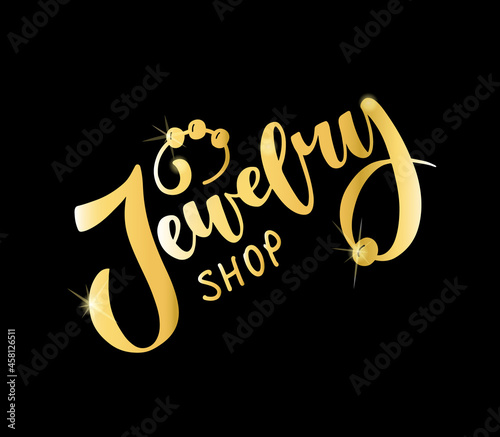 Jewelry logo gold design in modern style with hand drawn lettering, pearl bead, necklace isolated on the black background. Vector illustration for logo, business card, shop sign.