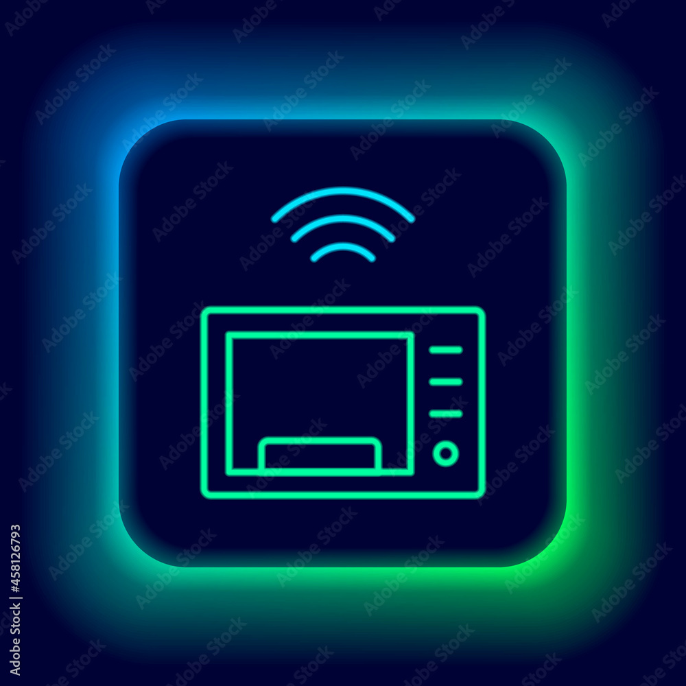 Glowing neon line Smart microwave oven system icon isolated on black background. Home appliances icon. Internet of things concept with wireless connection. Colorful outline concept. Vector Glowing neon line Smart microwave oven system icon isolated on black background. Home appliances icon. Internet of things concept with wireless connection. Colorful outline concept. Vector