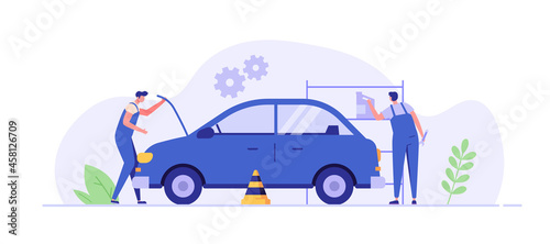 Auto mechanic repairing and checking the broken car with a wrench in a garage. Concept of car repair, vehicle inspection, auto service. Vector illustration in flat design.