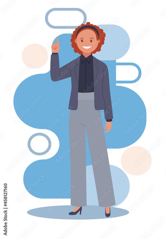 The woman points up with her index finger. Vector illustration.