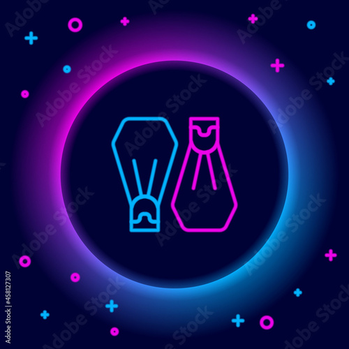 Glowing neon line Rubber flippers for swimming icon isolated on black background. Diving equipment. Extreme sport. Sport equipment. Colorful outline concept. Vector