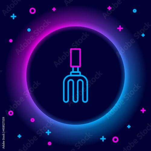 Glowing neon line Garden rake icon isolated on black background. Tool for horticulture, agriculture, farming. Ground cultivator. Colorful outline concept. Vector