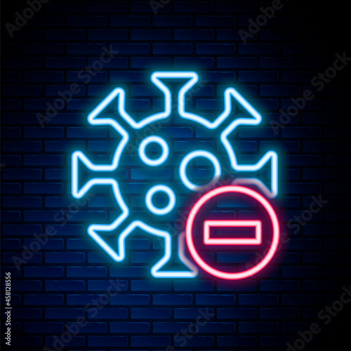 Glowing neon line Negative virus icon isolated on brick wall background. Corona virus 2019-nCoV. Bacteria and germs, cell cancer, microbe, fungi. Colorful outline concept. Vector